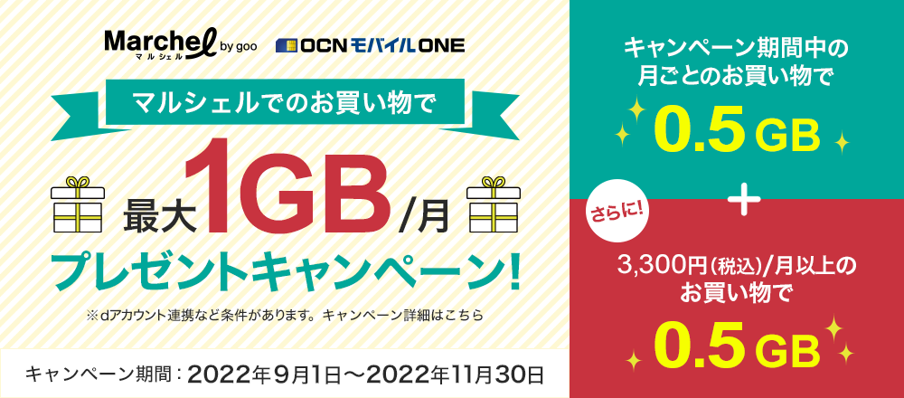 【OCN モバイル ONE × マルシェル by goo】マルシェルでのお買い物で最大1GBプレゼントキャンペーン